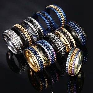 Mens stainless steel spinner rings set with rotating chain inlay in various colors