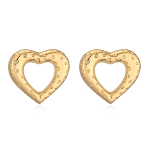 Minimalist 18K gold plated heart stud earrings with textured hollow design for women