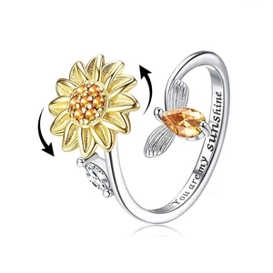 S925 silver sunflower spinner ring with bee and 'You are my sunshine' engraving