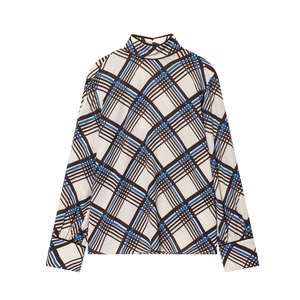 Femme Ensemble Plaid Chemise À Col Haut Et Manches Longues Et Pantalon Large Polyester Décontracté Rétro Élégant