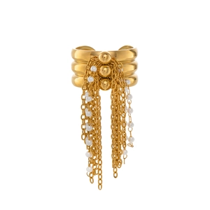 Detail view of multi-layer golden stainless steel ring with elegant pearl fringe tassels
