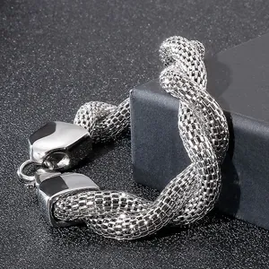 Polished silver stainless steel snake bone mesh chain bracelet for men with square clasp