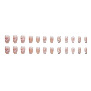 Faux ongles blancs papillon scintillants avec dégradé rose et détails pailletés