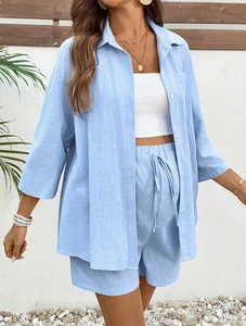 Women's light blue maternity casual set with medium sleeve shirt and drawstring shorts