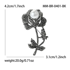 Vintage rose flower brooch with black crystals and pearl in silver finish 4.2cm