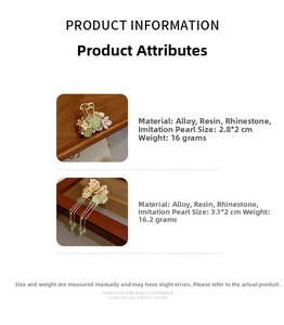Detail view of alloy floral hair clips with pearls, resin stones, and size specifications