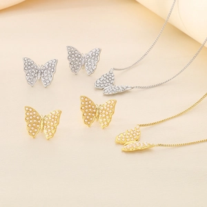 Elegant Butterfly Necklace Stud Earrings Jewelry Set Stainless Steel Imitation Artificial Pearl Pendant Fashion For Women