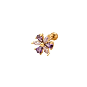 Purple and clear zircon flower stud earring in gold-plated stainless steel with screw back