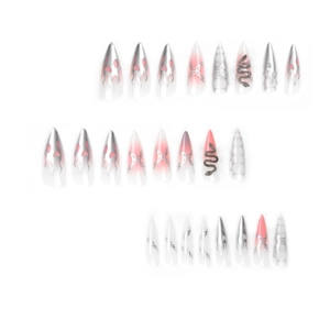 Silver flame and pink marble stiletto press-on nails with snake and heart metal charms