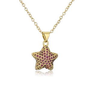 Detail shot of 18K gold plated necklace with star pendant and pink zircon micro-paving