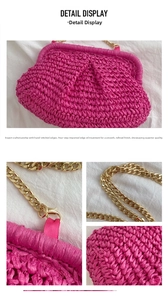 Detail of rose pink woven clutch showing dense 3D texture and gold metal chain strap