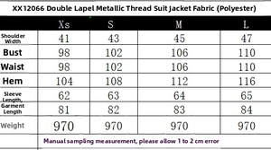 Größentabelle für zweireihigen Blazer mit Metallic-Garn inklusive Schulter- und Brustumfang