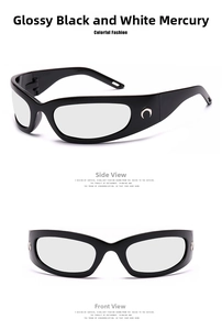 Detail of moon-shaped silver logo on glossy black oversized frames with silver mirror lenses