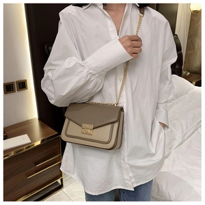 Detailed view of bicolor crossbody bag with gold chain strap worn by a model