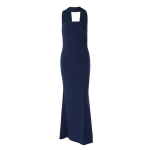 Détail de la robe sirène dos nu bleu marine ajustée avec texture de tissu tricoté lisse