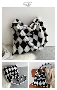 Detail view of black and white checkerboard plush tote bag with soft faux fur texture