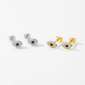 S925 sterling silver evil eye stud earrings with blue crystals in gold and silver finish