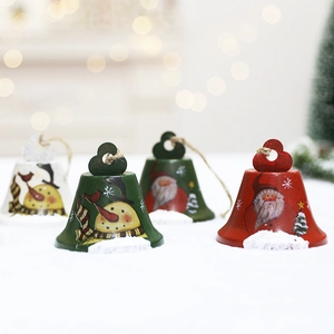 Christmas Hanging Bells Metal Hand Painted Santa Snowman Decorative Ornaments Twine Rope Xmas Tree Party Decor