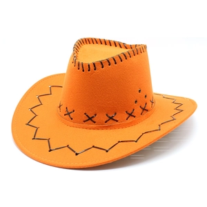 Detail of orange western cowboy hat with X-shaped stitching and metal ventilation eyelets