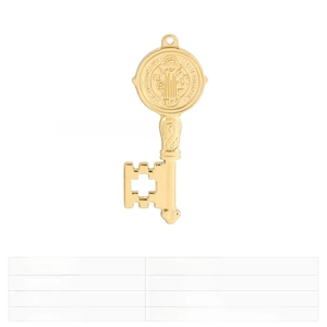 Macro detail of gold stainless steel St. Benedict key pendant showing 52x20mm dimensions