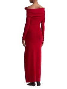 Rear view of a slim-fit red off-shoulder knitted maxi dress with long sleeves