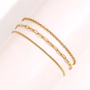 Three-layer 18K gold plated stainless steel anklet set with paperclip and snake chains
