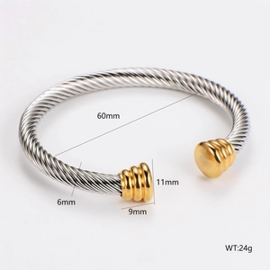 Retro stainless steel twisted cable open cuff bracelet with two-tone gold details