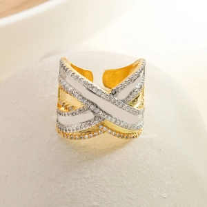 Luxe 18K gold plated geometric open ring with pavé zircons on white pebbles