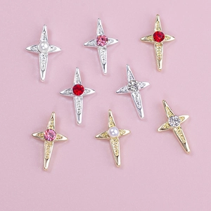 8pcs gold and silver cross star nail charms with colorful rhinestones and pearls