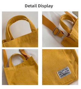 Detail view of bright yellow corduroy tote showing texture, strap buckle and woven label
