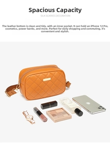Close-up of orange quilted crossbody bag showing spacious interior with daily essentials