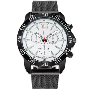 Men's business casual quartz watch with white dial and black stainless steel mesh band