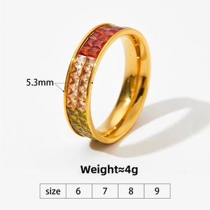 Detailed view of 5.3mm gold-plated eternity ring with colorful zircon stones