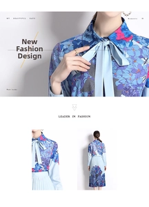 Detail of floral polo shirt with bow tie and pleated skirt in hydrangea print