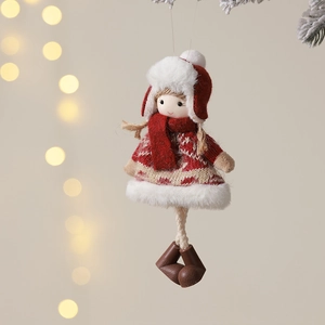 Plush Christmas angel doll hanging ornament with red knit sweater for holiday tree decoration