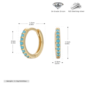 Detailed dimensions and S925 sterling silver material specs for gold turquoise hoop earrings