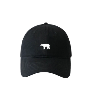 Unisex black cotton baseball cap featuring a white polar bear embroidery on the front