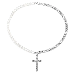 Hip-Hop-Halskette mit Perlen, kubanischer Kette und diamantbesetztem Kreuz