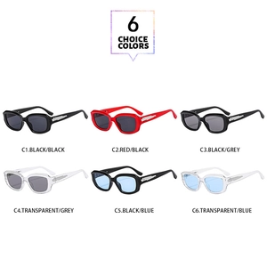 Detail view of retro square sunglasses in six color options with lightning metal accents