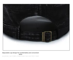 Detail view of the adjustable bronze metal buckle on a vintage canvas flat top army cap
