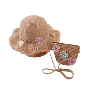 Children's straw sun hat and matching bag set with lace flowers in khaki