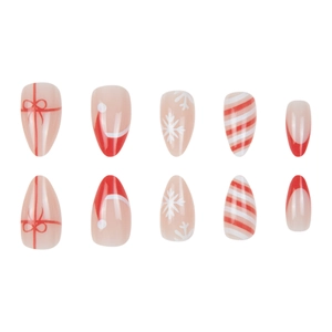 Christmas almond press-on nails with red bows, snowflakes, and festive French tips