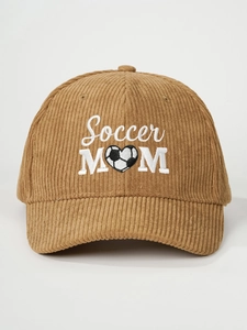 Close-up of Soccer MOM embroidery with heart football on brown corduroy baseball cap