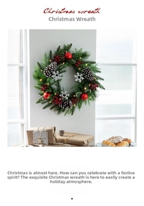 Detail of Christmas wreath with warm LED lights, red berries, and natural pine cones