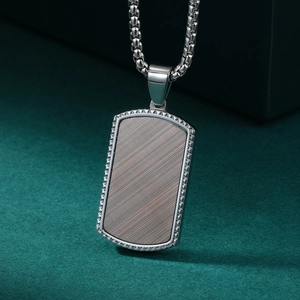 Men's stainless steel military tag necklace with brown wood texture inlay pendant