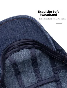 Detail view of denim beret featuring soft cotton sweatband and premium stitching