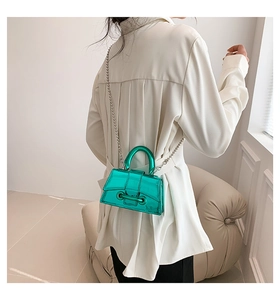 Detailed view of mini metallic green crossbody bag with silver chain strap and top handle