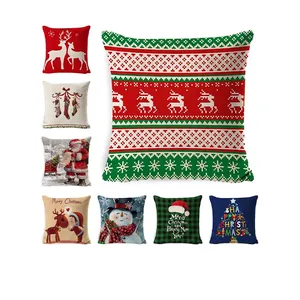 Christmas Pillow Case Linen Festive Cushion Cover Decorative Sofa Home Ornament Santa Reindeer Snowman Print