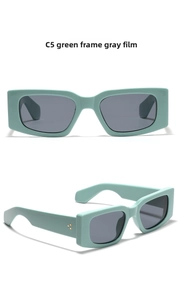 Front and side view of Y2K mint green square sunglasses with dark grey lenses