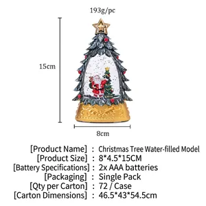 Lighted Christmas tree water globe with Santa and snowflakes on a golden base, 15cm height